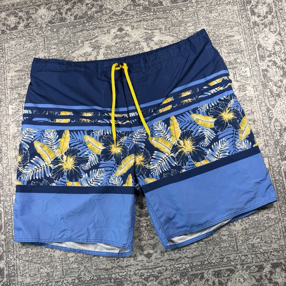 True Nation Mens 3XL Swim Trunks Navy Yellow Stripe Floral Board Shorts Cargo